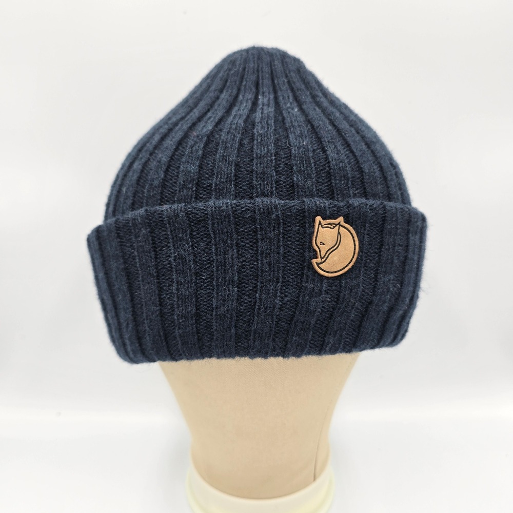 Fjallraven Byron Hat Beanie Navy Blue 100% Wool Ribbed Hiking Camping Minimalist